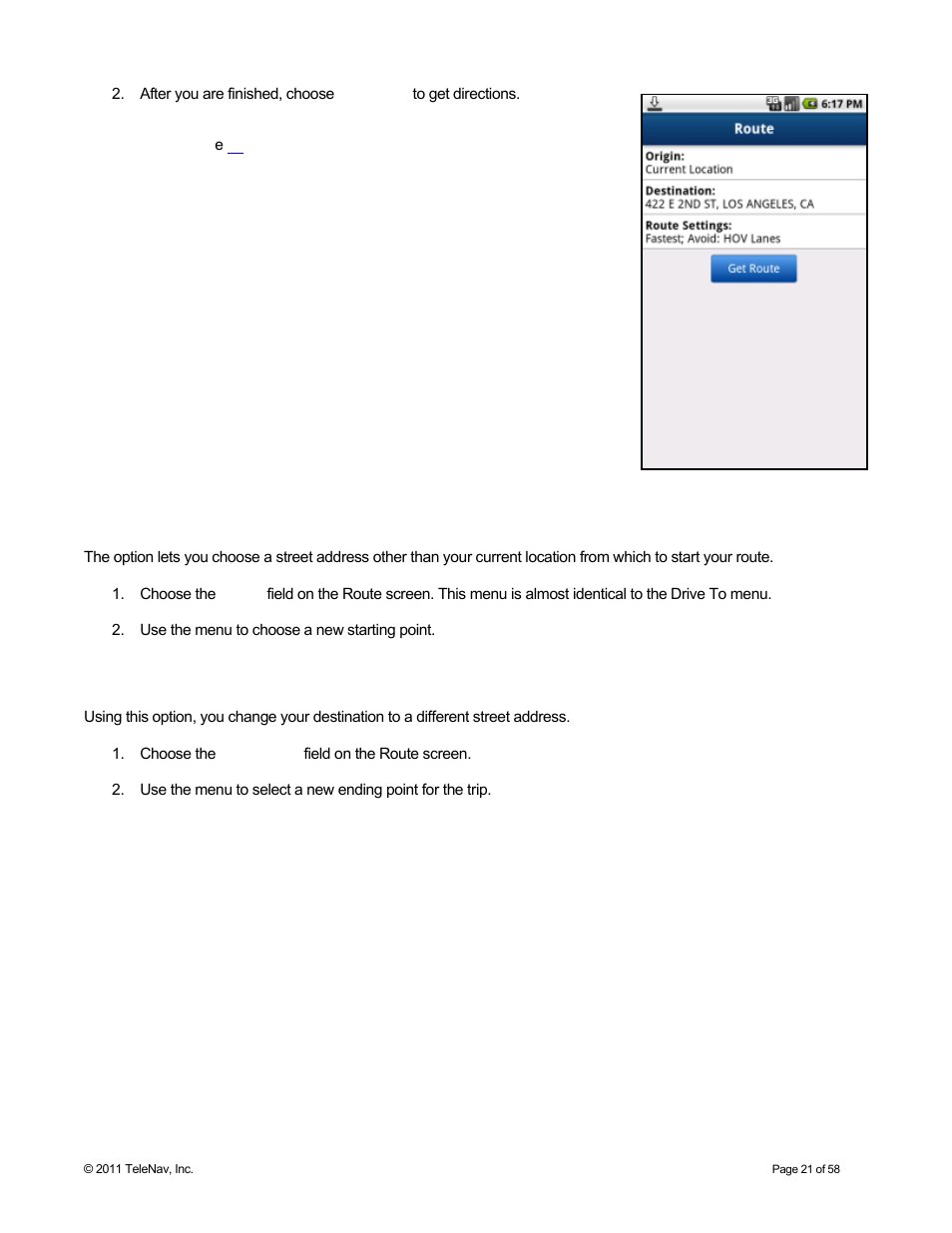Edit origin, Edit destination | Telenav for Boost Mobile Supported Devices: v6.2 for Android User Manual | Page 21 / 58
