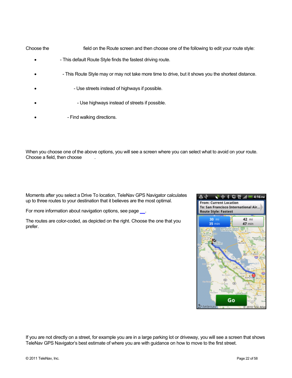 Edit route settings, Driving to your destination, Moving to the nearest street | Telenav for Boost Mobile Supported Devices: v6.2 for Android User Manual | Page 22 / 58