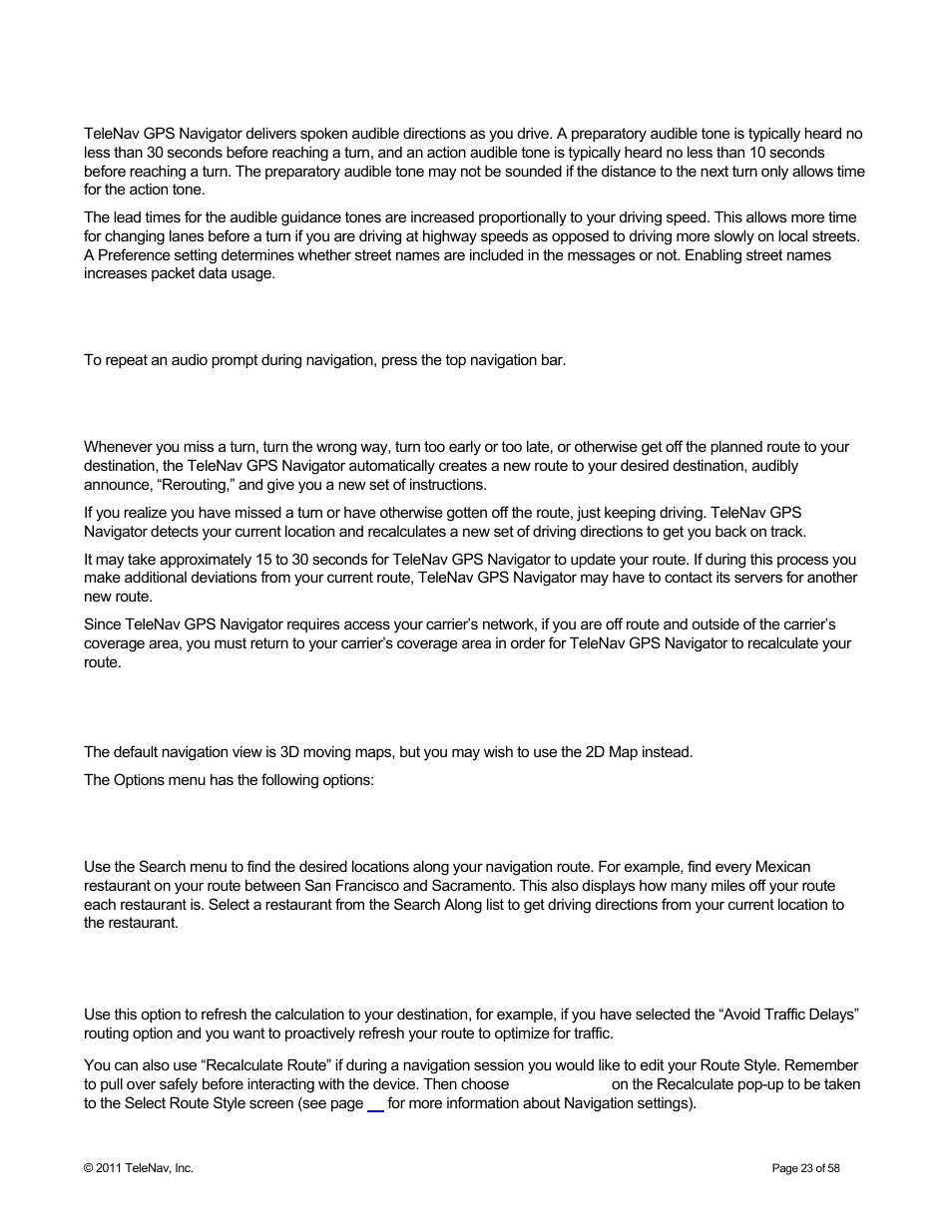 Audible guidance tones, Audio replay, Miss a turn | Navigation options, Search along, Recalculate route, For further details | Telenav for Boost Mobile Supported Devices: v6.2 for Android User Manual | Page 23 / 58