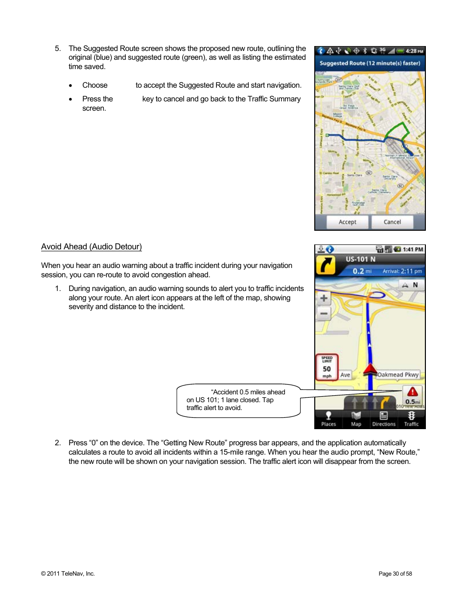 Avoid ahead (audio detour) | Telenav for Boost Mobile Supported Devices: v6.2 for Android User Manual | Page 30 / 58