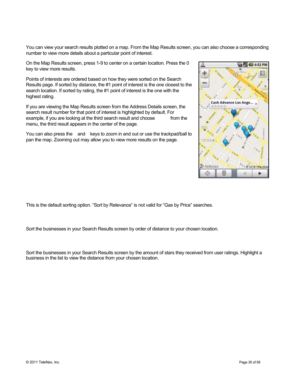 Map results, Sort by relevance, Sort by distance | Sort by rating | Telenav for Boost Mobile Supported Devices: v6.2 for Android User Manual | Page 35 / 58