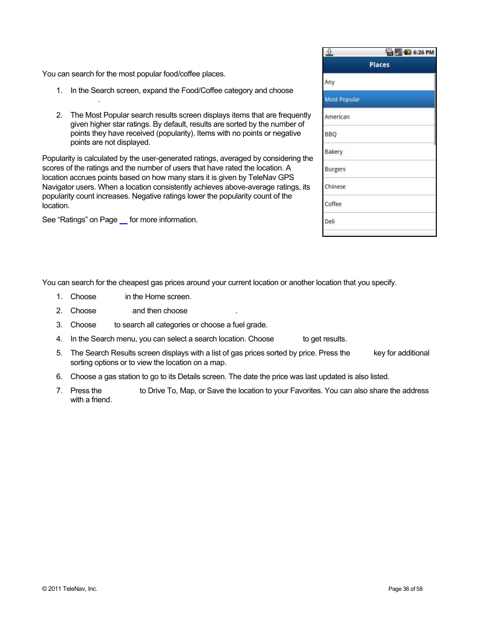Most popular category, Search for gas by price | Telenav for Boost Mobile Supported Devices: v6.2 for Android User Manual | Page 36 / 58