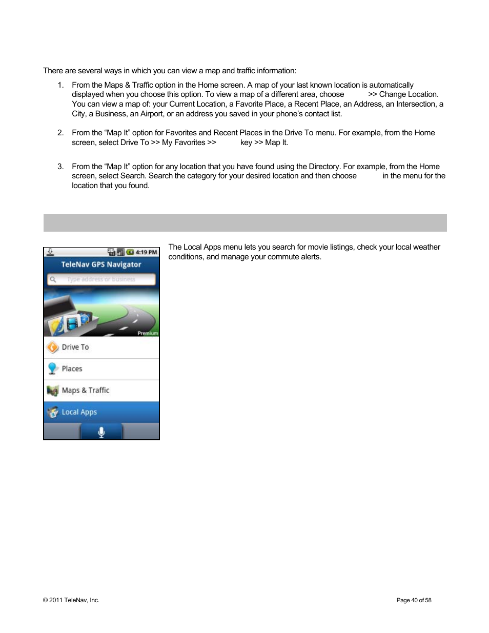 Other ways to view a map, Local apps | Telenav for Boost Mobile Supported Devices: v6.2 for Android User Manual | Page 40 / 58