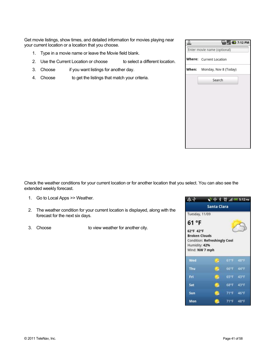 Movies, Weather | Telenav for Boost Mobile Supported Devices: v6.2 for Android User Manual | Page 41 / 58