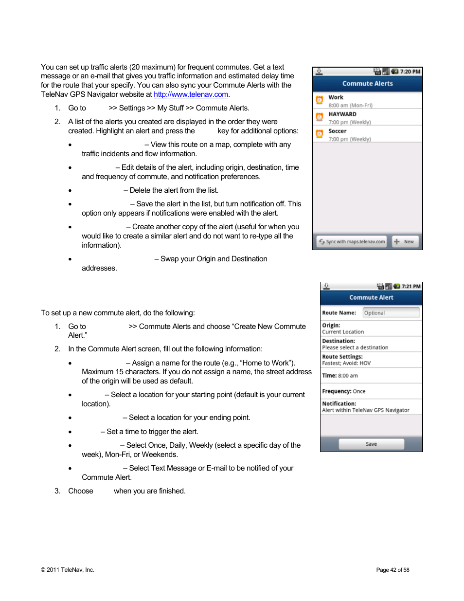 Commute alerts, Create new alert | Telenav for Boost Mobile Supported Devices: v6.2 for Android User Manual | Page 42 / 58