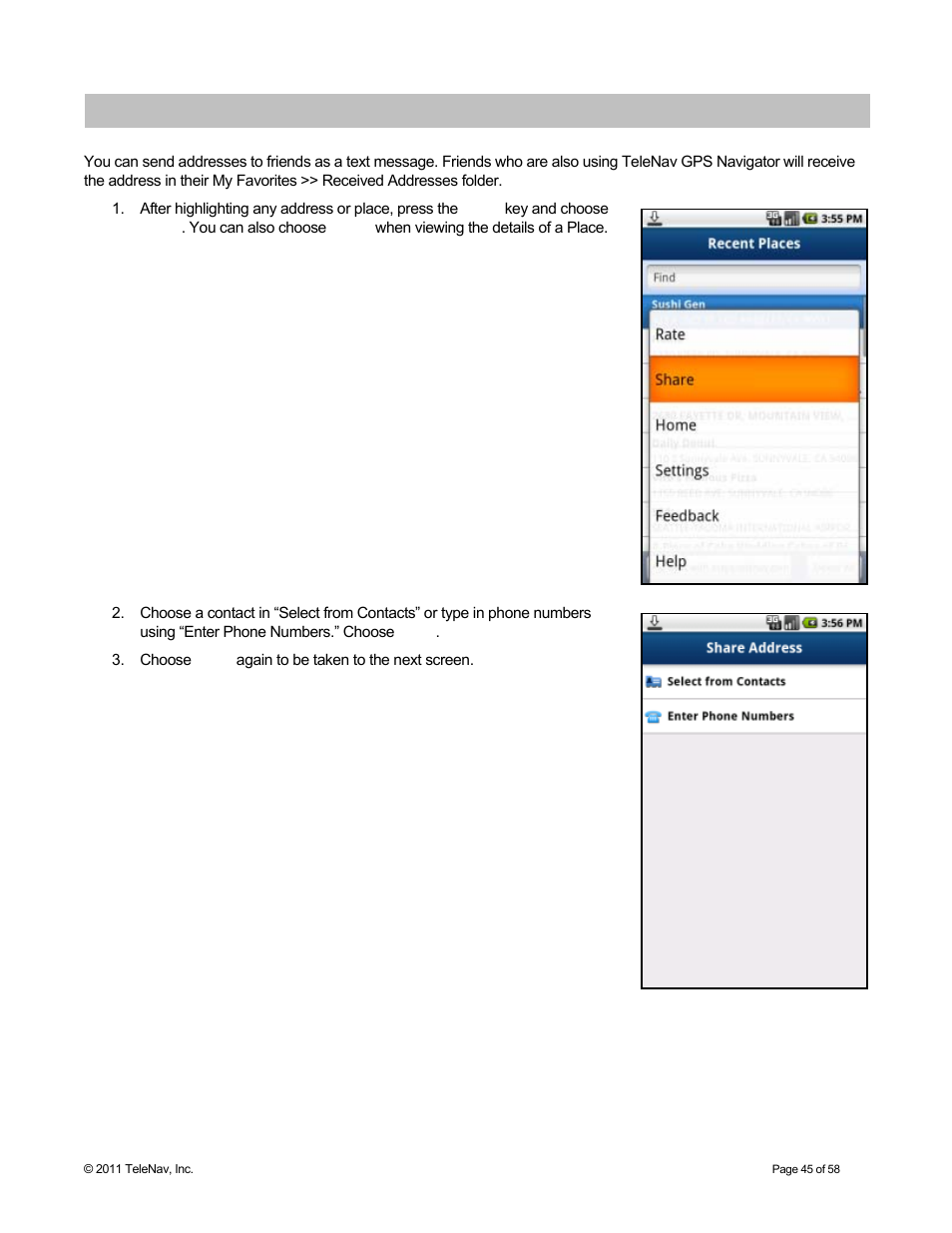 Share address | Telenav for Boost Mobile Supported Devices: v6.2 for Android User Manual | Page 45 / 58