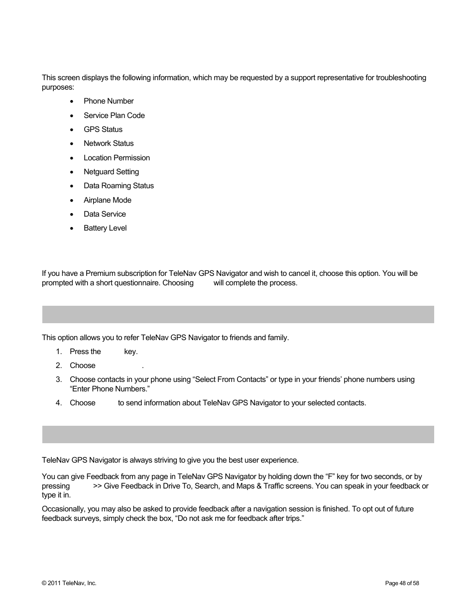 Diagnostic tools, Cancel subscription, Tell a friend | Give feedback | Telenav for Boost Mobile Supported Devices: v6.2 for Android User Manual | Page 48 / 58