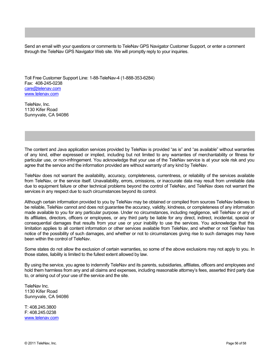 Customer support, Technical support, Telenav services warranty | Telenav for Boost Mobile Supported Devices: v6.2 for Android User Manual | Page 56 / 58