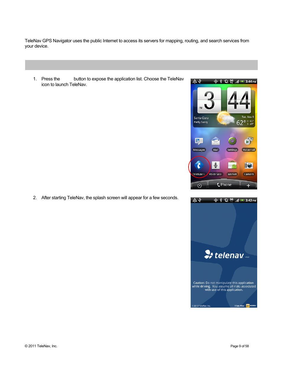 Network access, Launching telenav gps navigator | Telenav for Boost Mobile Supported Devices: v6.2 for Android User Manual | Page 9 / 58