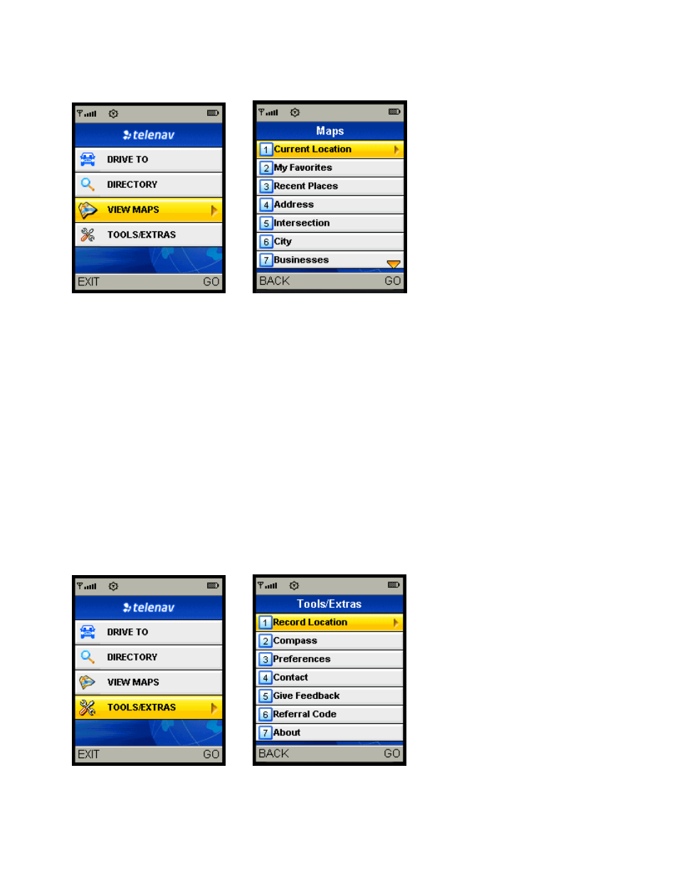 View maps menu, Tools/extras menu | Telenav for Alltel Supported Devices: v5.0 for Samsung u520 User Manual | Page 36 / 44