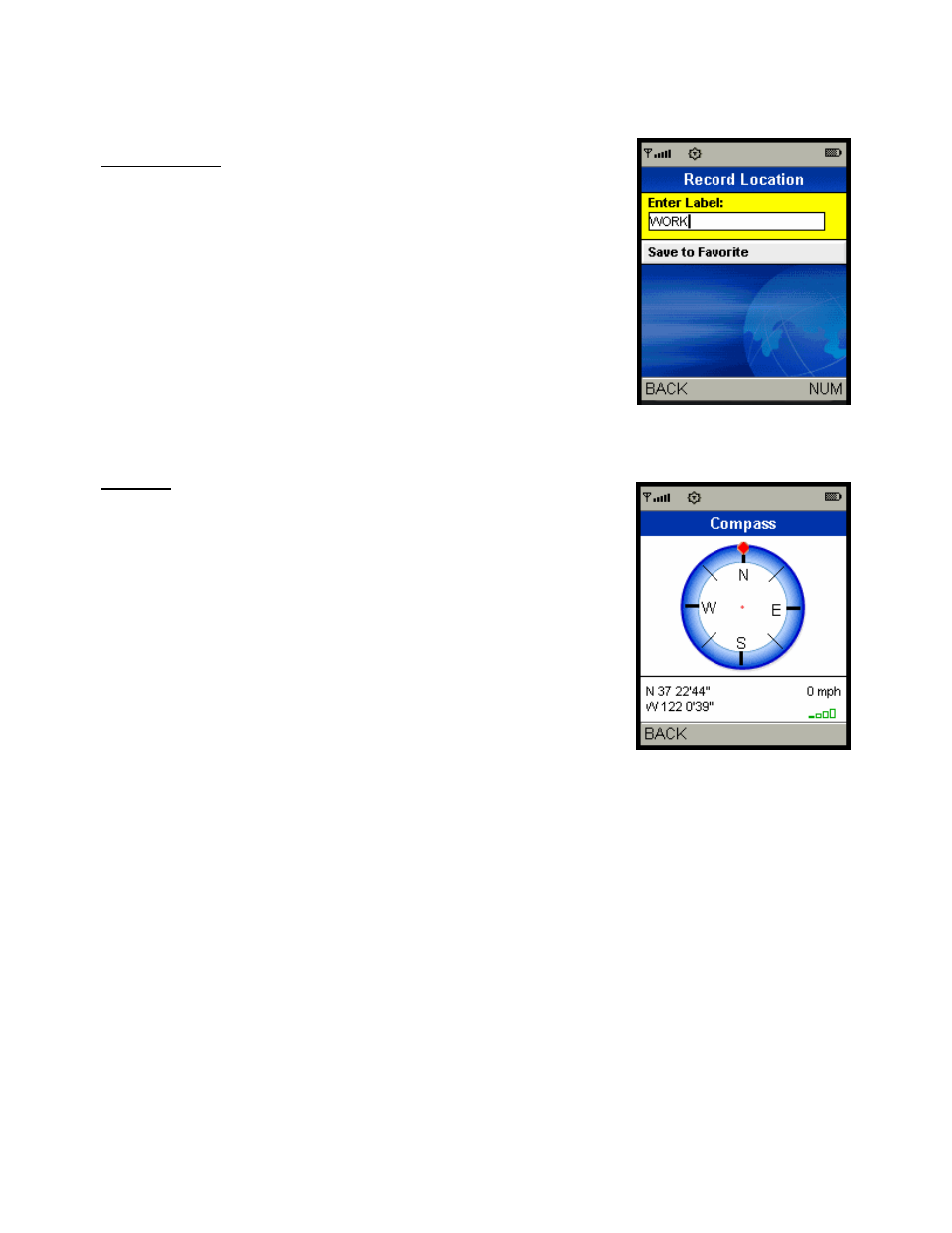 Record location, Compass | Telenav for Alltel Supported Devices: v5.0 for Samsung u520 User Manual | Page 37 / 44