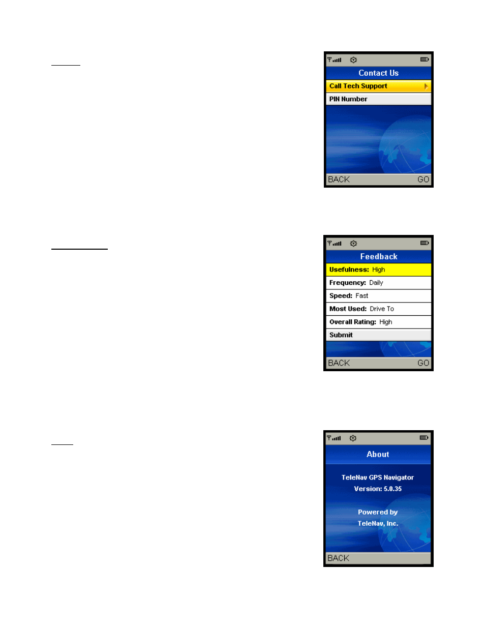Contact, Give feedback, About | Telenav for Alltel Supported Devices: v5.0 for Samsung u520 User Manual | Page 39 / 44
