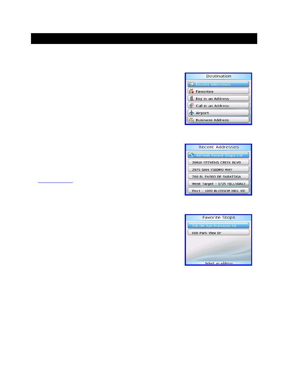 Addresses, Recent addresses, Favorites | Telenav for Alltel Supported Devices: v4.7 for BlackBerry 8703 User Manual | Page 13 / 37