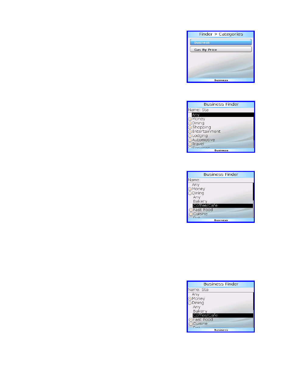 Business name only, Category search, Name and category combined | Telenav for Alltel Supported Devices: v4.7 for BlackBerry 8703 User Manual | Page 24 / 37