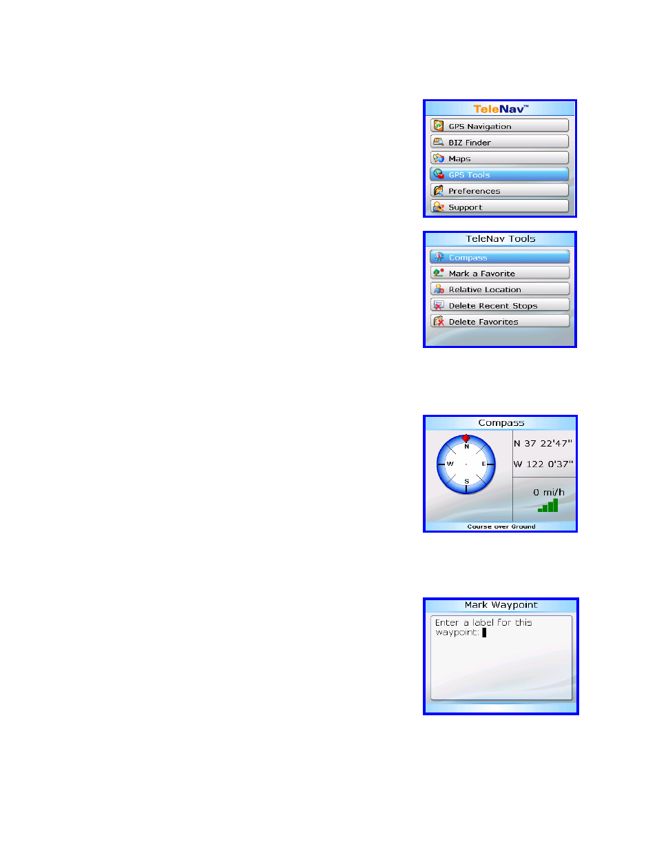 Gps tools, Compass, Mark a waypoint | Telenav for Alltel Supported Devices: v4.7 for BlackBerry 8703 User Manual | Page 26 / 37
