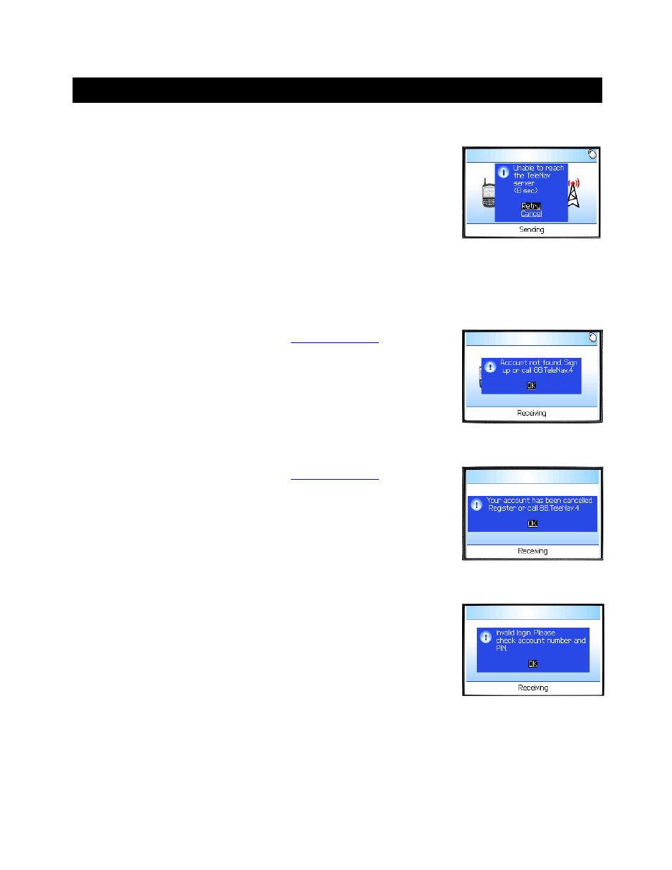 Error conditions, Unable to reach telenav server, Account not found | Account cancelled, Invalid login, Please input password | Telenav for Alltel Supported Devices: v4.7 for BlackBerry 8703 User Manual | Page 32 / 37
