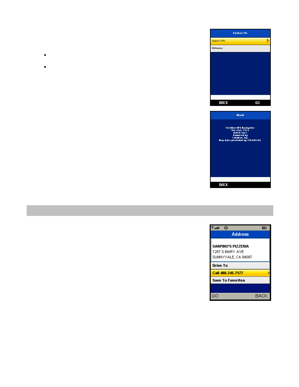 Contact, About, Make a phone call from telenav gps navigator | Telenav for Nextel Supported Devices: v5.0 Lite for Motorola i9 User Manual | Page 30 / 36