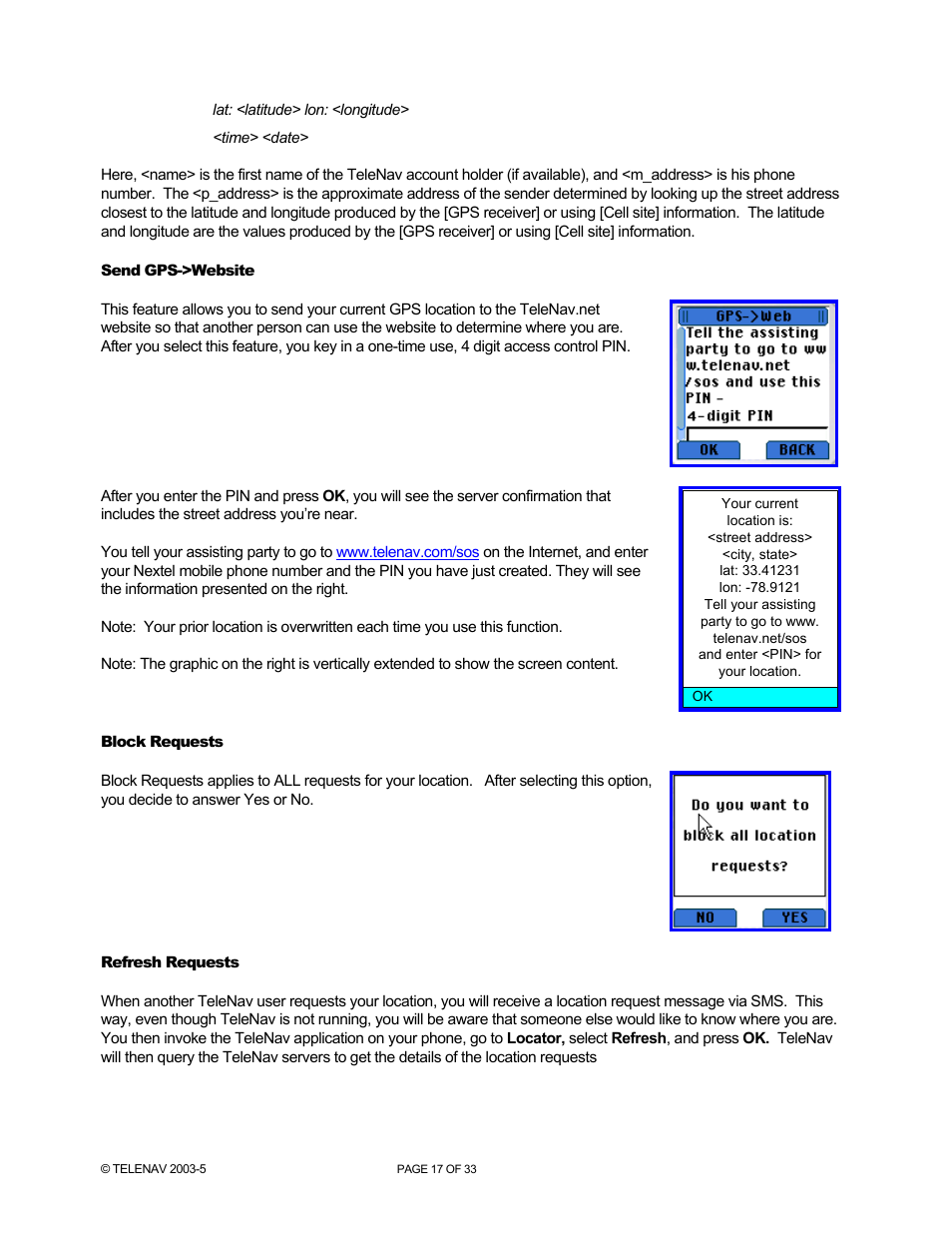 Telenav for Nextel Supported Devices: v3.6 for Motorola i710, i730, i733, i736, i830 User Manual | Page 17 / 33