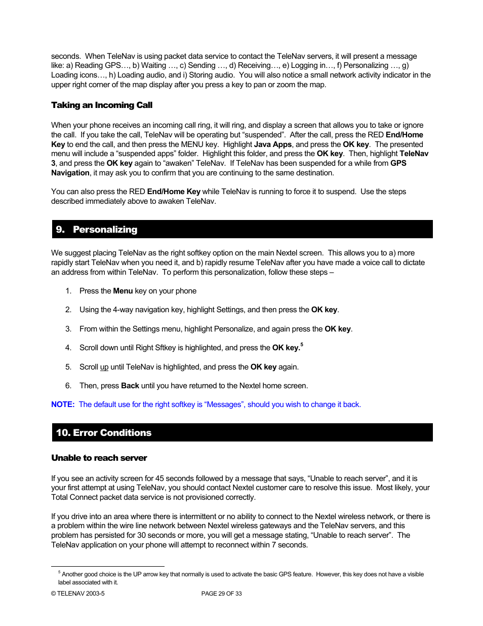 Personalizing, Error conditions | Telenav for Nextel Supported Devices: v3.6 for Motorola i710, i730, i733, i736, i830 User Manual | Page 29 / 33