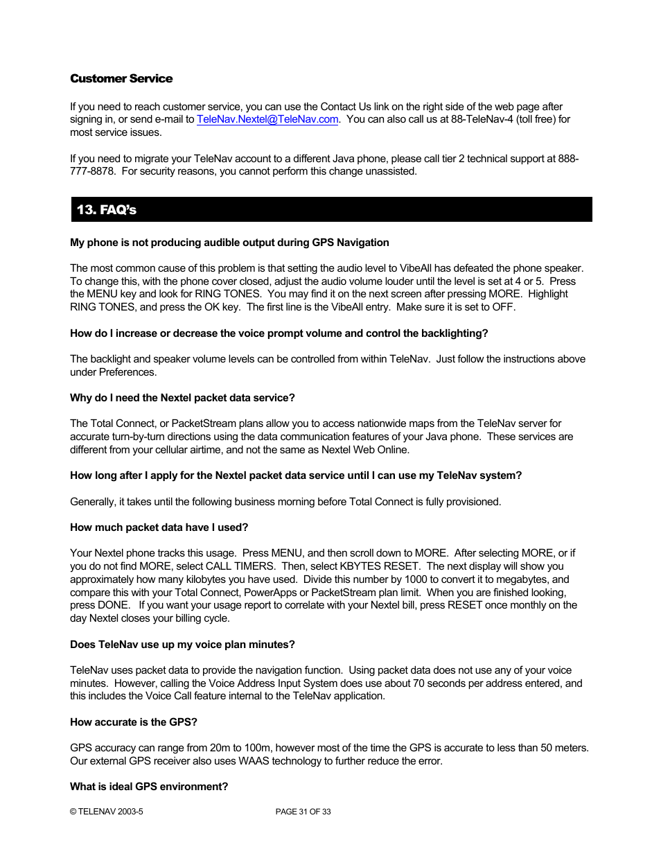 Telenav for Nextel Supported Devices: v3.6 for Motorola i710, i730, i733, i736, i830 User Manual | Page 31 / 33