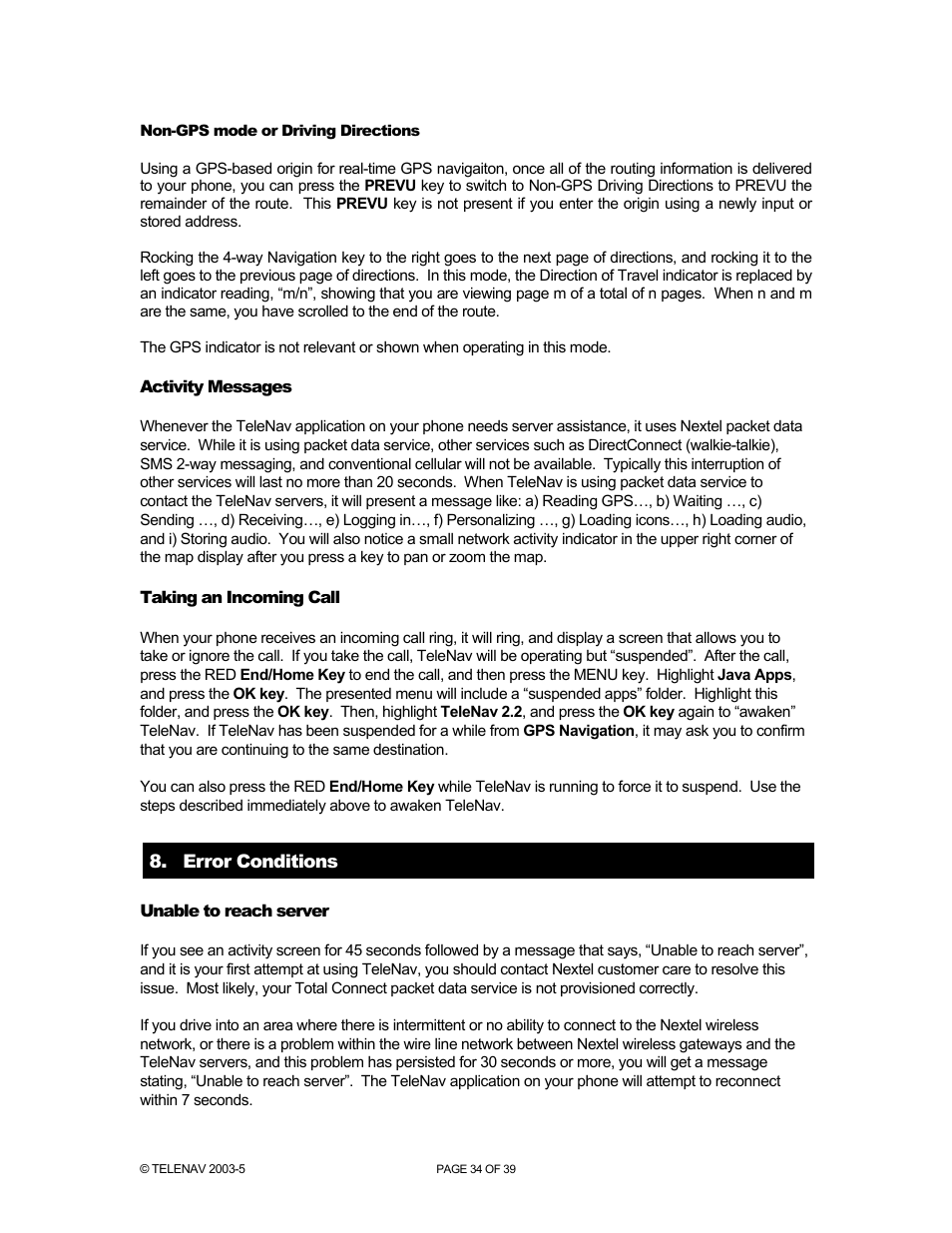 Telenav for Nextel Supported Devices: v2.2.5 for Motorola i830 User Manual | Page 34 / 39