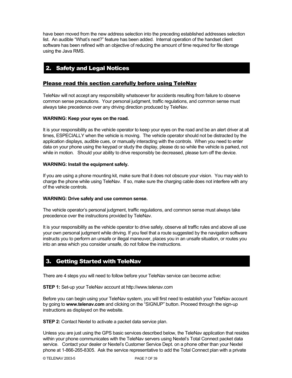 Telenav for Nextel Supported Devices: v2.2.5 for Motorola i830 User Manual | Page 7 / 39