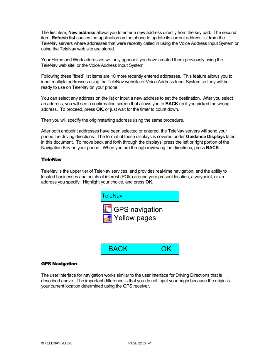 Gps navigation yellow pages, Back ok | Telenav for Nextel Supported Devices: v2.2 for Motorola i730 User Manual | Page 22 / 41