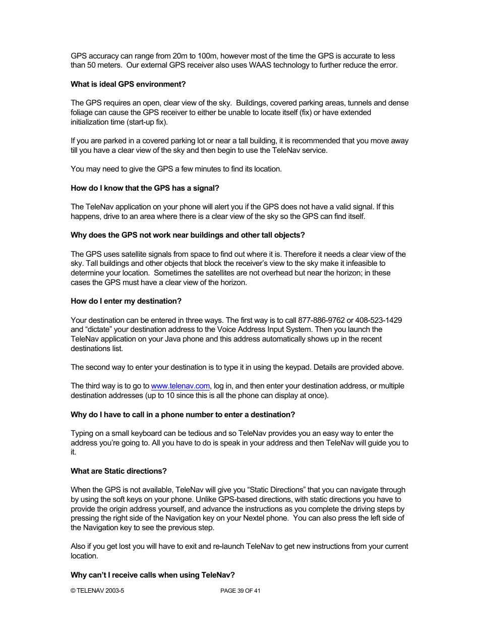 Telenav for Nextel Supported Devices: v2.2 for Motorola i730 User Manual | Page 39 / 41