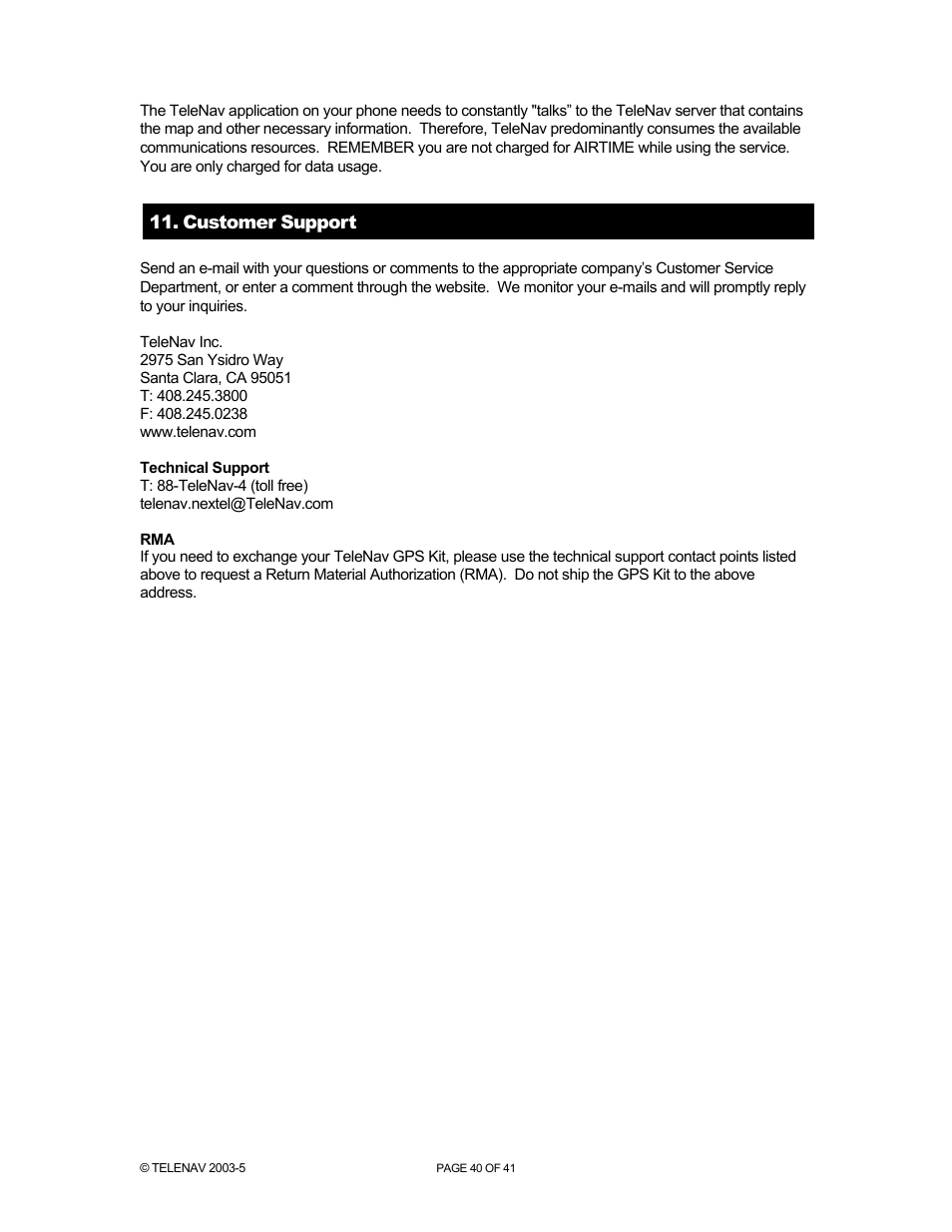 Customer support | Telenav for Nextel Supported Devices: v2.2 for Motorola i730 User Manual | Page 40 / 41