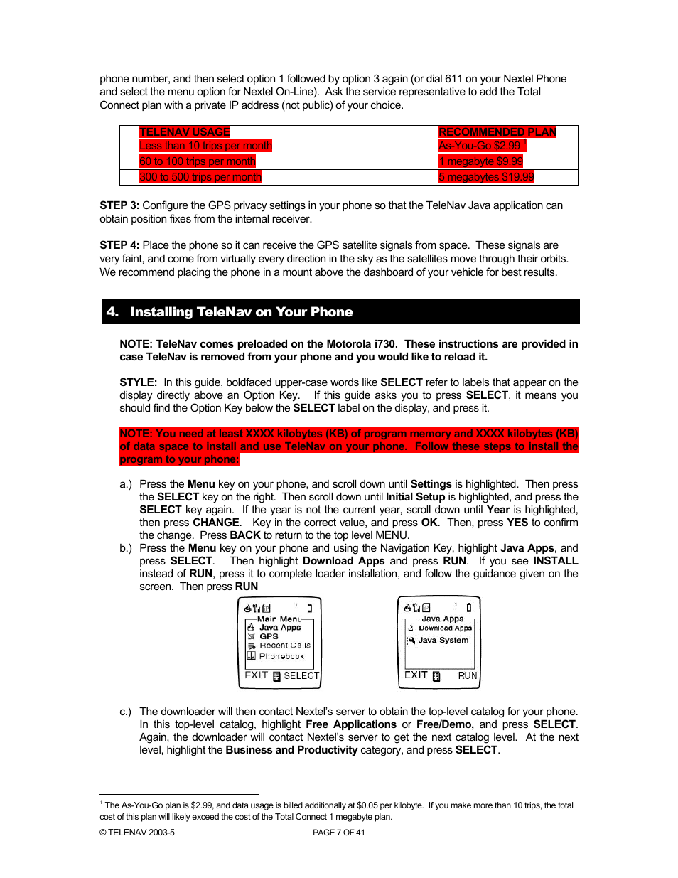 Installing telenav on your phone | Telenav for Nextel Supported Devices: v2.2 for Motorola i730 User Manual | Page 7 / 41