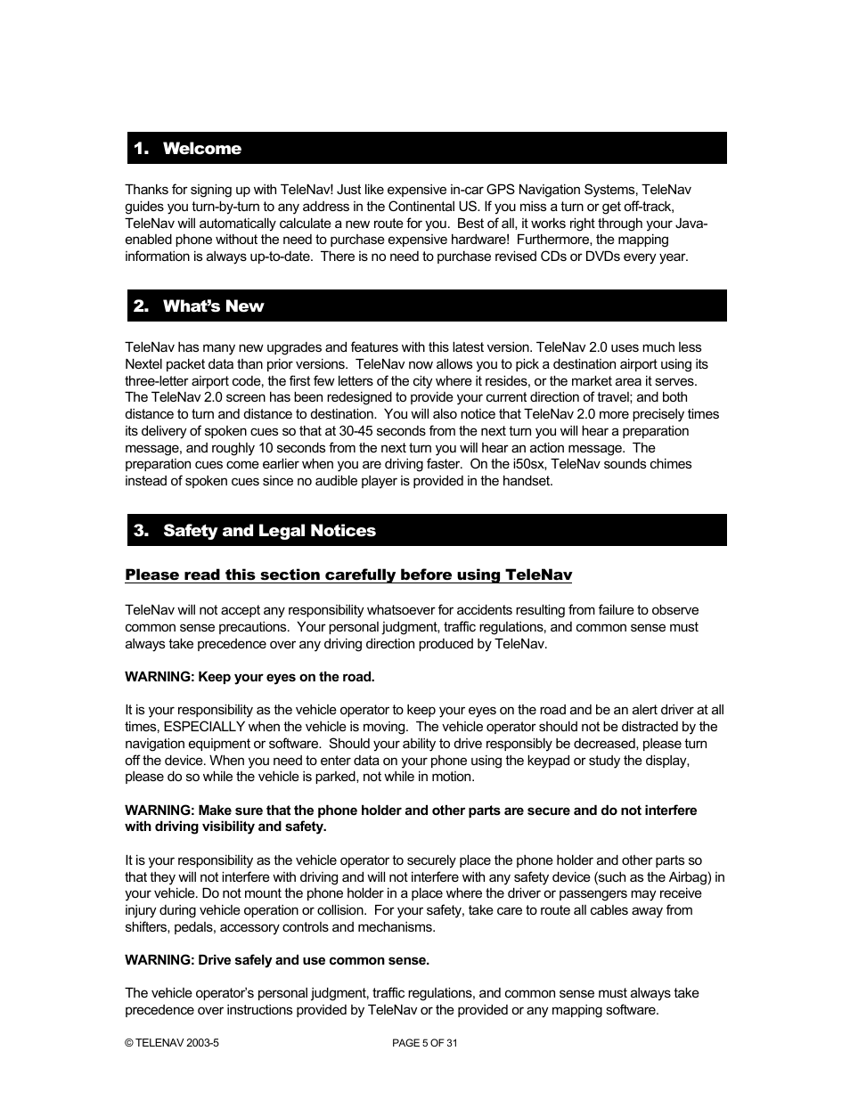 Telenav for Nextel Supported Devices: v2.0 for Motorola i88s, i58sr, i50sx, i55sr, i85s, i90c, i95cl User Manual | Page 5 / 31