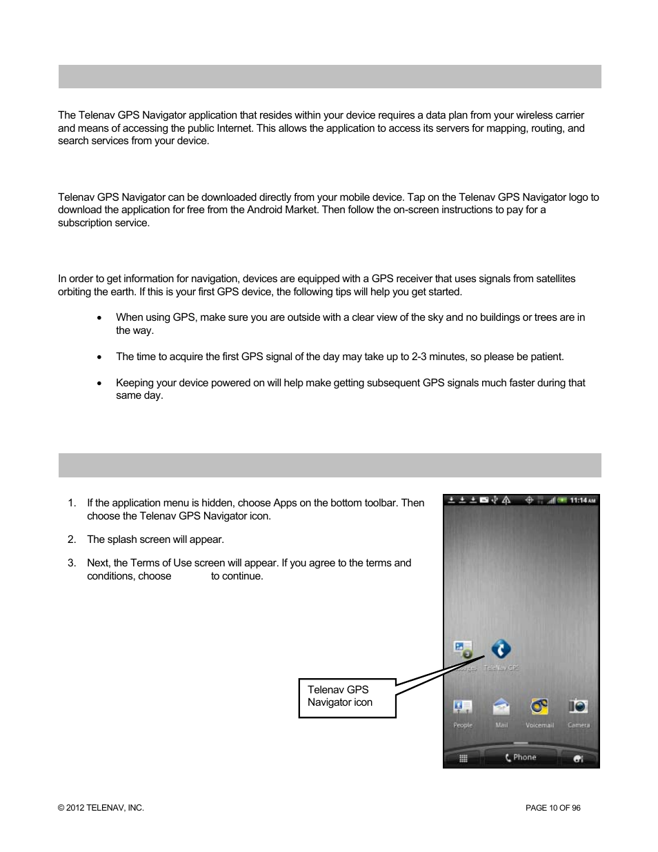 Getting started with telenav gps navigator, Software installation, Tips on using gps | Launching telenav gps navigator | Telenav for Sprint Supported Devices: v7.1 for Android devices User Manual | Page 10 / 96