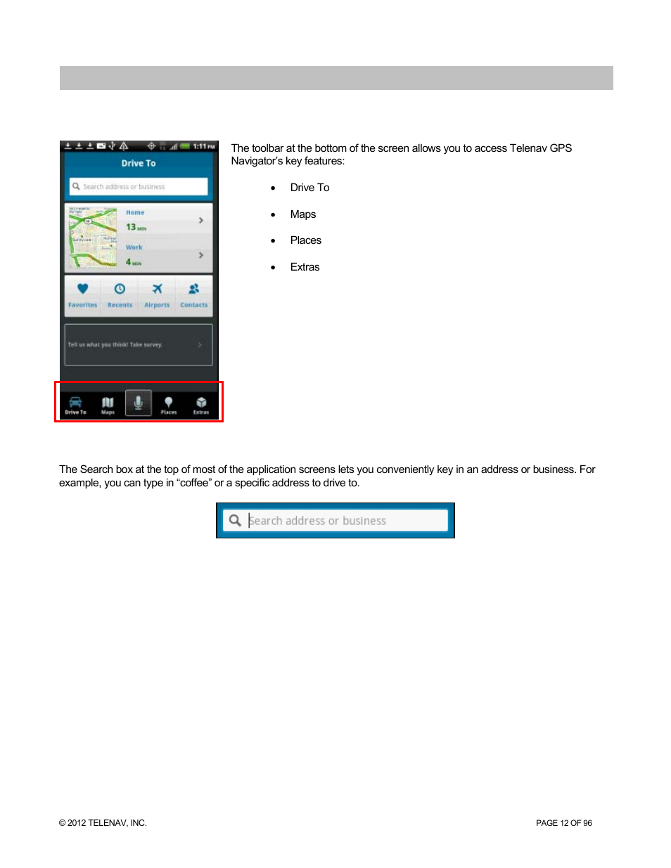 Common features, Toolbar, Search | Common features toolbar | Telenav for Sprint Supported Devices: v7.1 for Android devices User Manual | Page 12 / 96