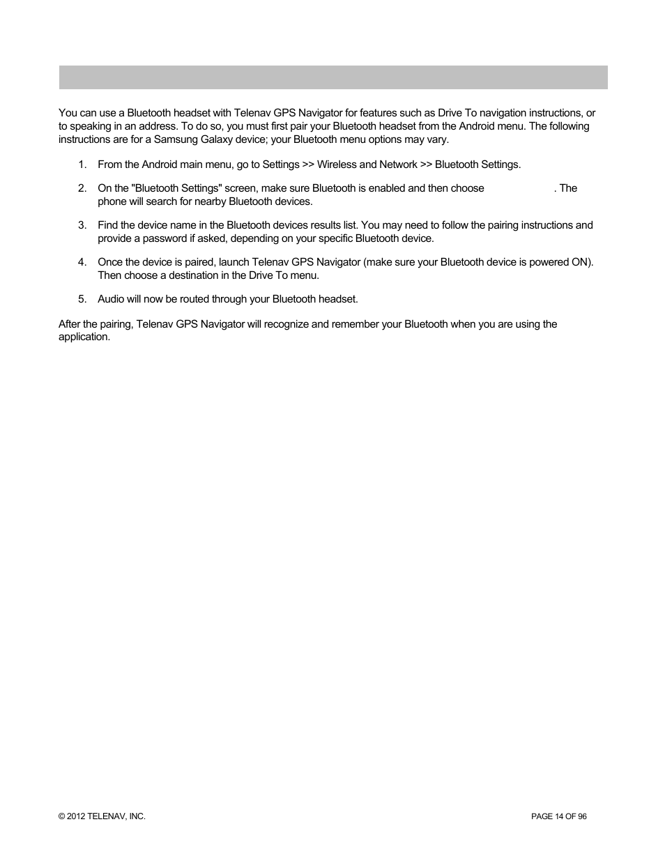 Using a bluetooth headset | Telenav for Sprint Supported Devices: v7.1 for Android devices User Manual | Page 14 / 96