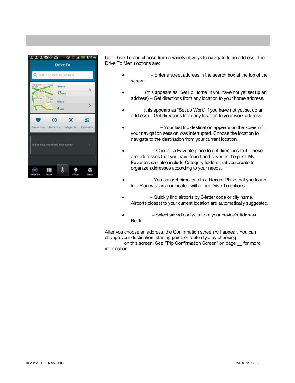 Drive to menu | Telenav for Sprint Supported Devices: v7.1 for Android devices User Manual | Page 15 / 96