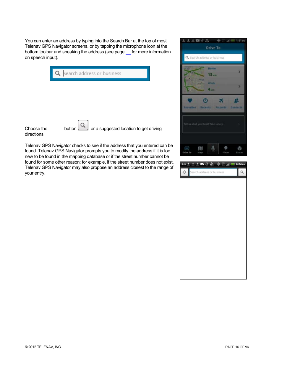 Address | Telenav for Sprint Supported Devices: v7.1 for Android devices User Manual | Page 16 / 96