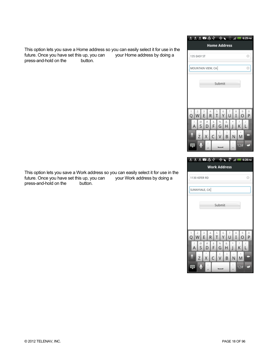 Set up home, Set up work | Telenav for Sprint Supported Devices: v7.1 for Android devices User Manual | Page 18 / 96