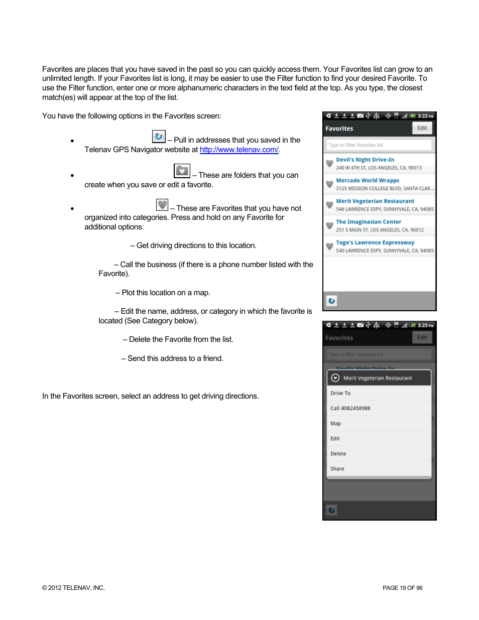 Favorites | Telenav for Sprint Supported Devices: v7.1 for Android devices User Manual | Page 19 / 96