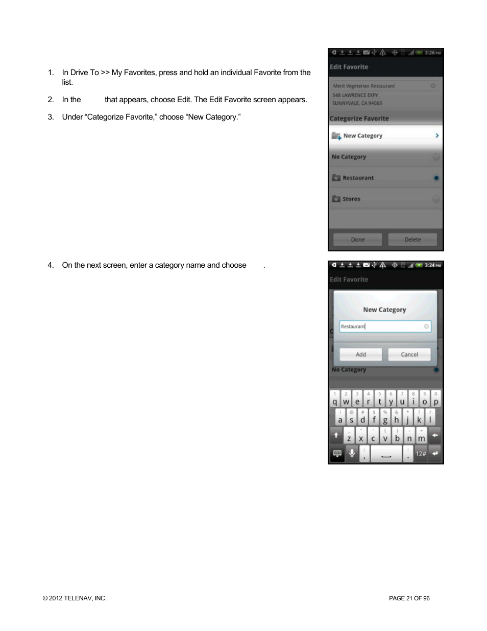 Create new category | Telenav for Sprint Supported Devices: v7.1 for Android devices User Manual | Page 21 / 96