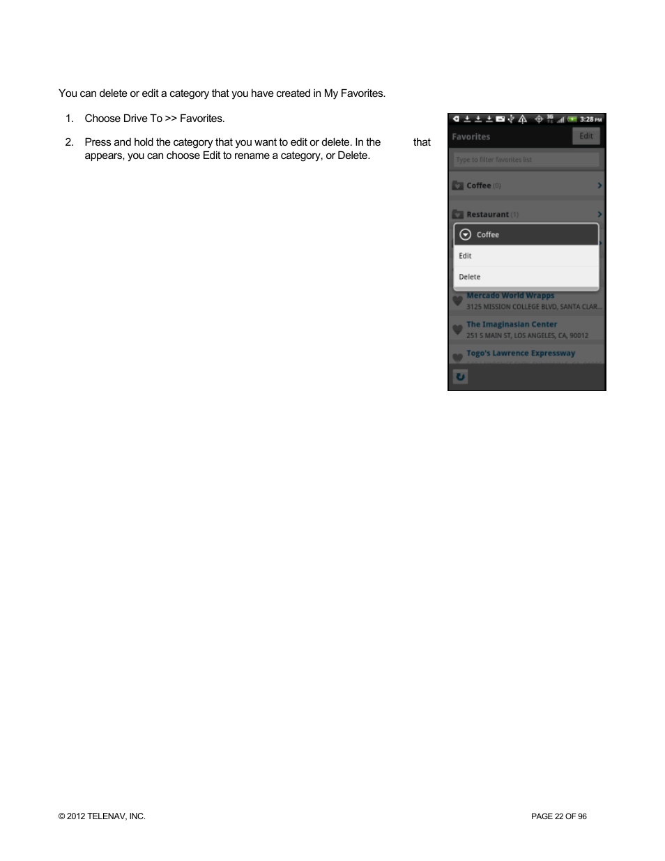 Delete or edit a category | Telenav for Sprint Supported Devices: v7.1 for Android devices User Manual | Page 22 / 96