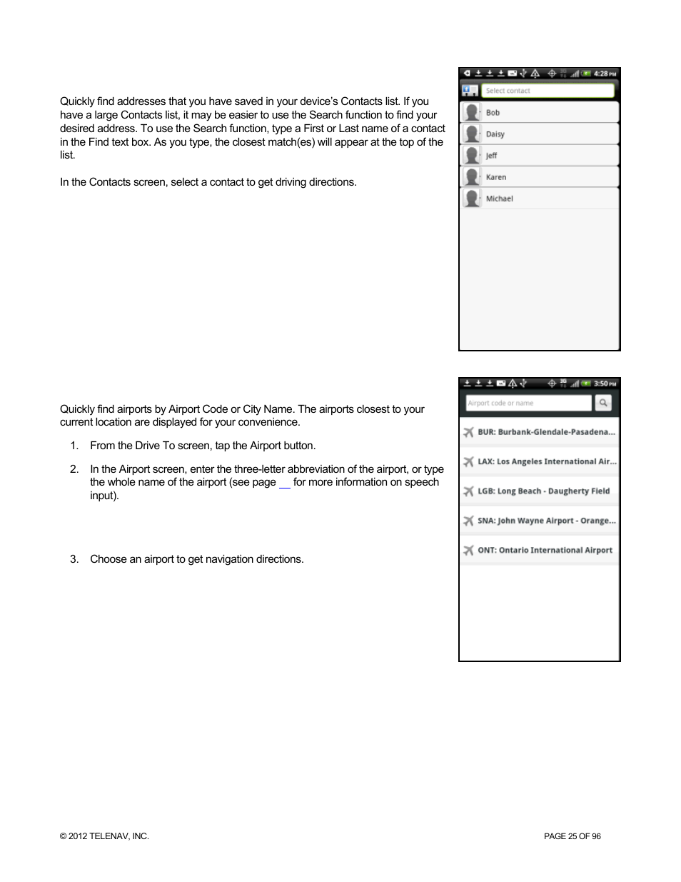 Contacts, Airports | Telenav for Sprint Supported Devices: v7.1 for Android devices User Manual | Page 25 / 96