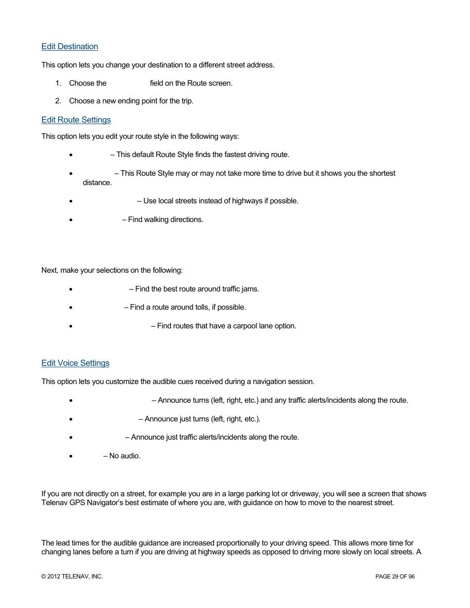 Edit destination, Edit route settings, Edit voice settings | Moving to the nearest street, Audible guidance during navigation | Telenav for Sprint Supported Devices: v7.1 for Android devices User Manual | Page 29 / 96