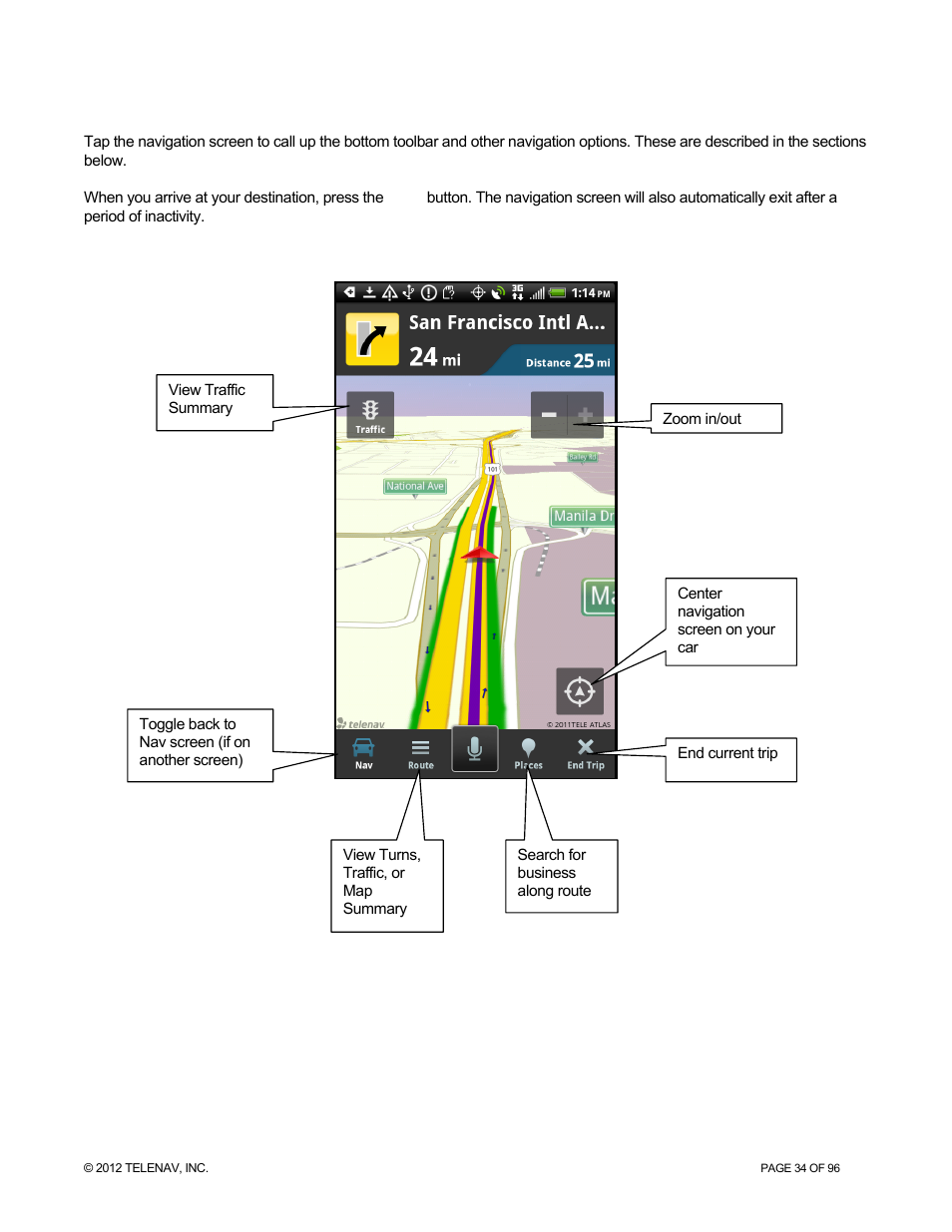 Navigation toolbar options | Telenav for Sprint Supported Devices: v7.1 for Android devices User Manual | Page 34 / 96