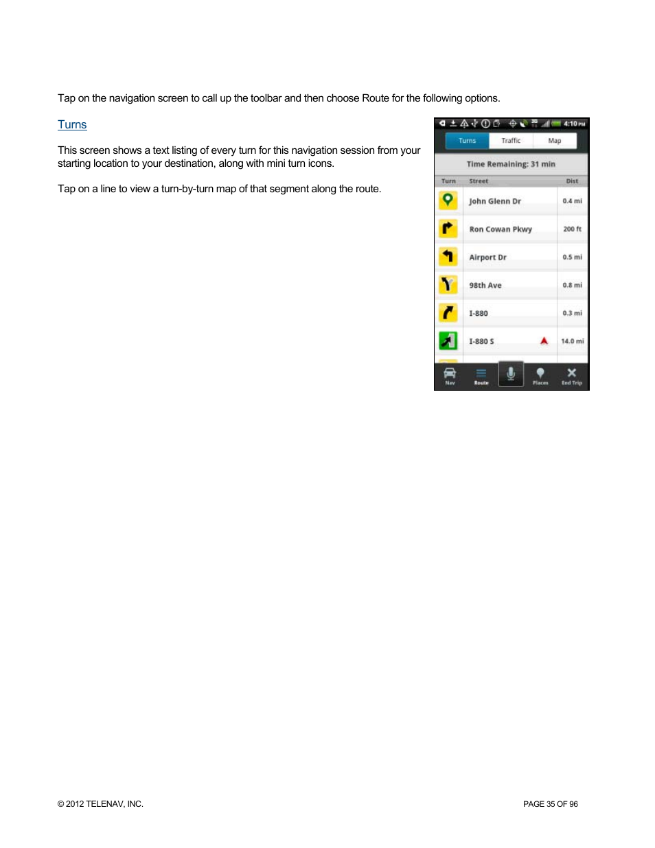 Route, Turns | Telenav for Sprint Supported Devices: v7.1 for Android devices User Manual | Page 35 / 96