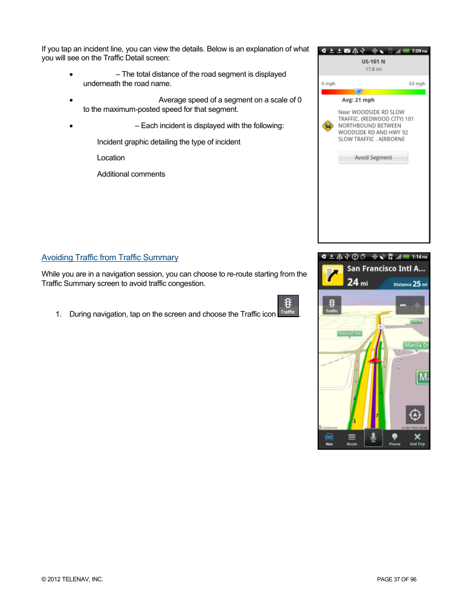 Avoiding traffic from traffic summary | Telenav for Sprint Supported Devices: v7.1 for Android devices User Manual | Page 37 / 96