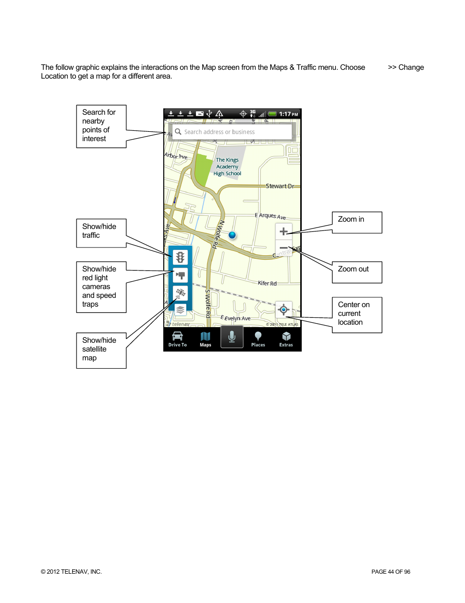 Map menu options | Telenav for Sprint Supported Devices: v7.1 for Android devices User Manual | Page 44 / 96