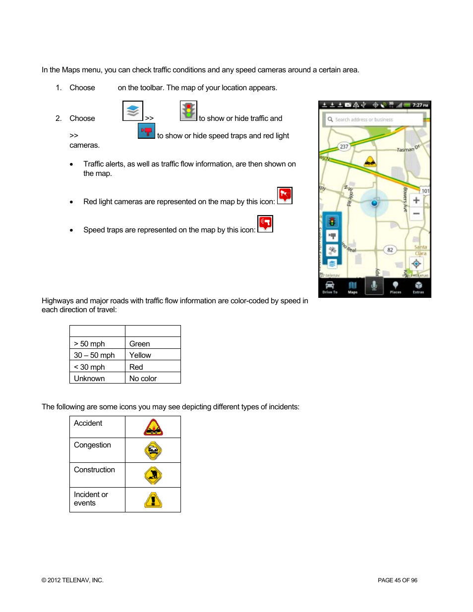Check traffic & speed cameras | Telenav for Sprint Supported Devices: v7.1 for Android devices User Manual | Page 45 / 96