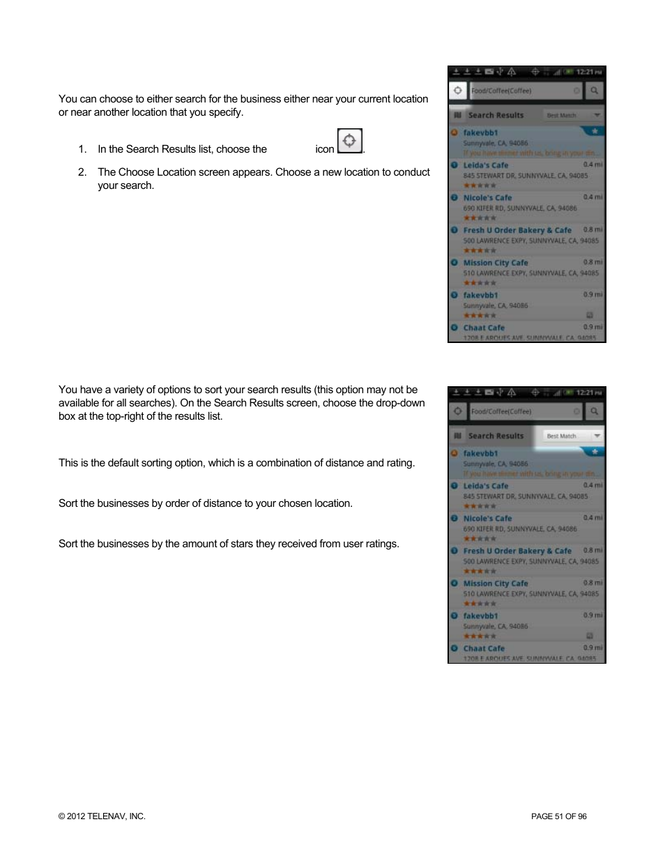 Define a location, Sorting options, Sort by best match | Sort by distance, Sort by rating | Telenav for Sprint Supported Devices: v7.1 for Android devices User Manual | Page 51 / 96