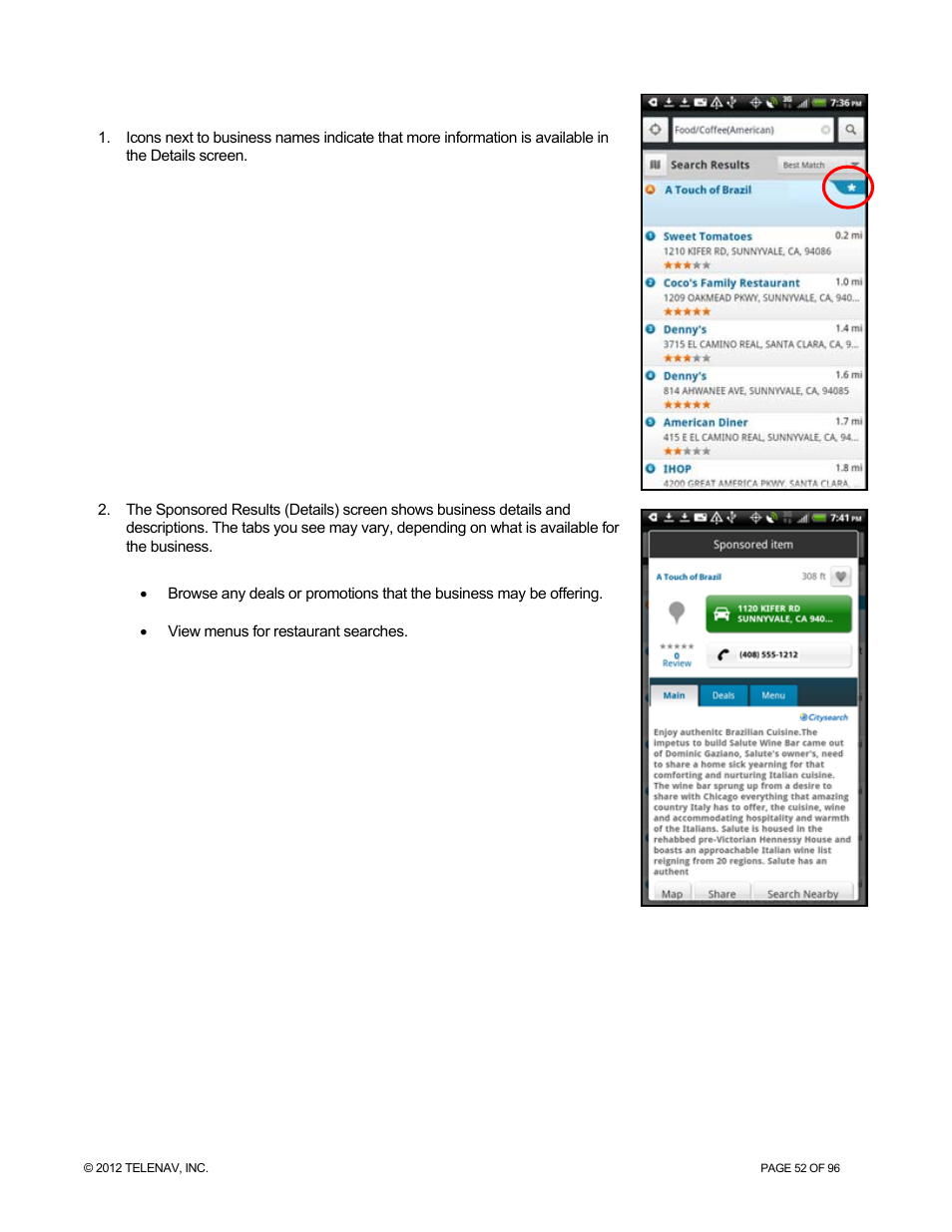 Sponsored results | Telenav for Sprint Supported Devices: v7.1 for Android devices User Manual | Page 52 / 96