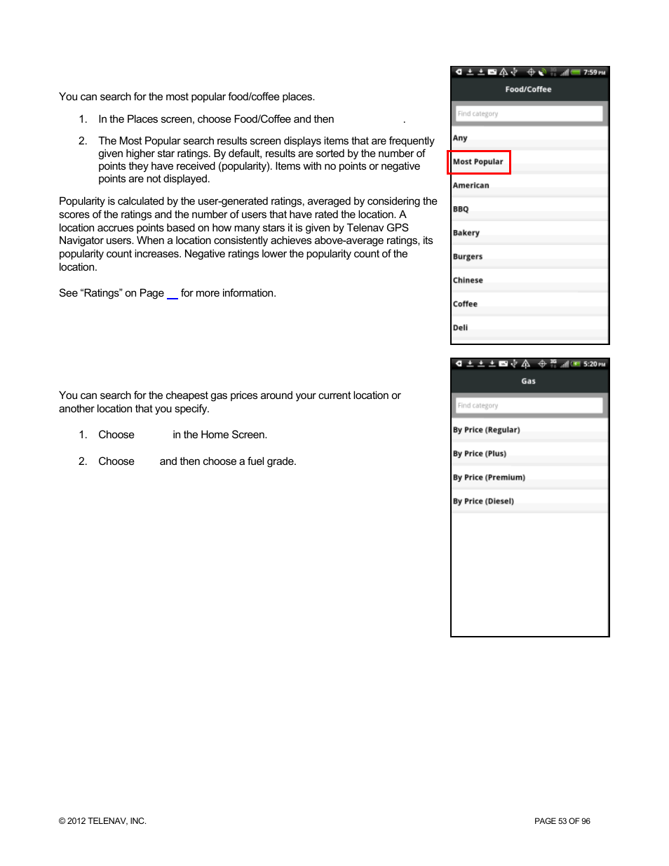 Most popular category, Search for gas by price | Telenav for Sprint Supported Devices: v7.1 for Android devices User Manual | Page 53 / 96